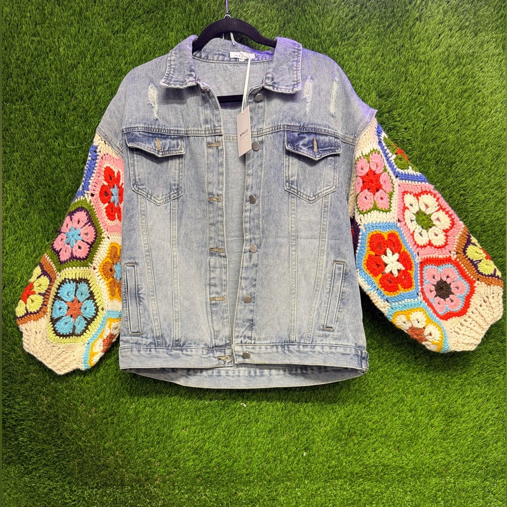 Miracle Blue and Pink Jean Jacket with Artistic Crochet Details